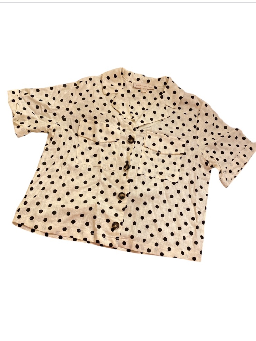 Monteau Polka Dot Button-Front Short Sleeve Blouse - Cream with Black Dots